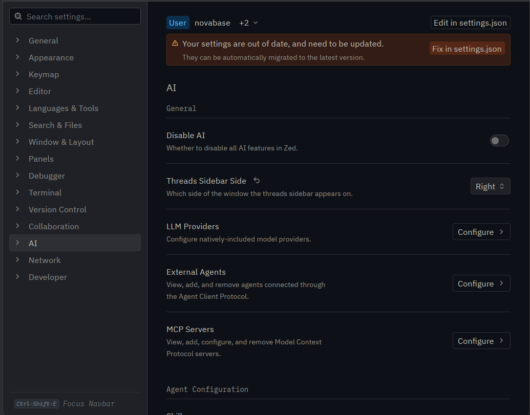 AI section of Zed settings with the LLM Providers row