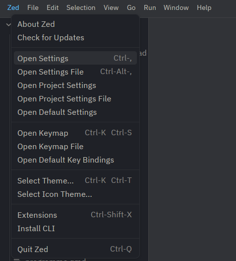 Zed menu with the Open Settings item