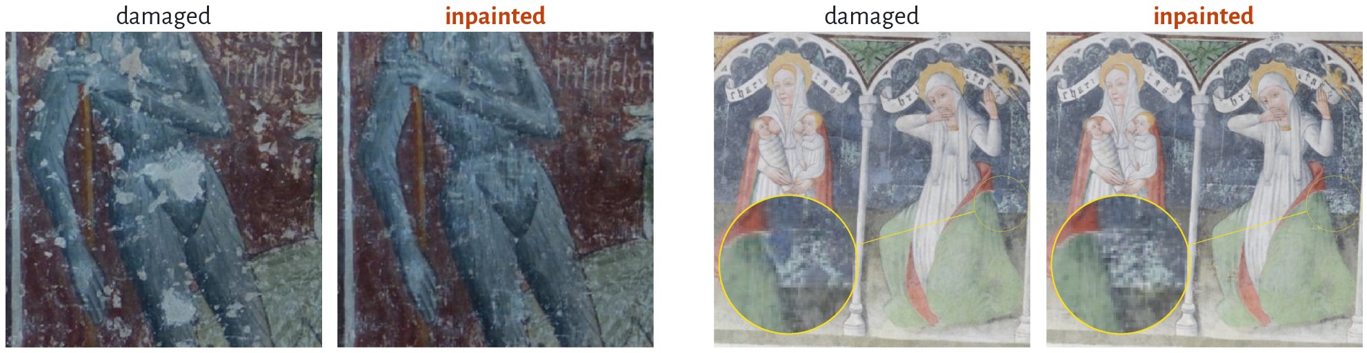 Two damaged medieval frescoes, each next to a version in which a neural network has filled in the missing paint.