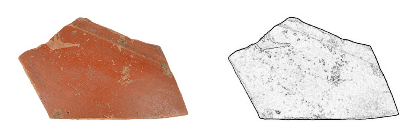 The same sherd as a colour photograph and as a map of brightness gradients.