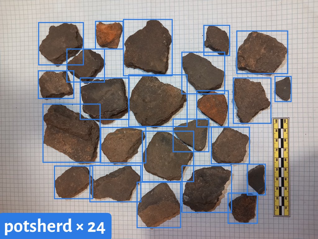 Twenty-four potsherds on graph paper, each inside a bounding box.